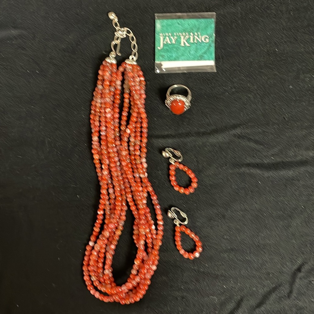Jay King Picante Agate necklace, clip on earrings and ring set. Estate Sale